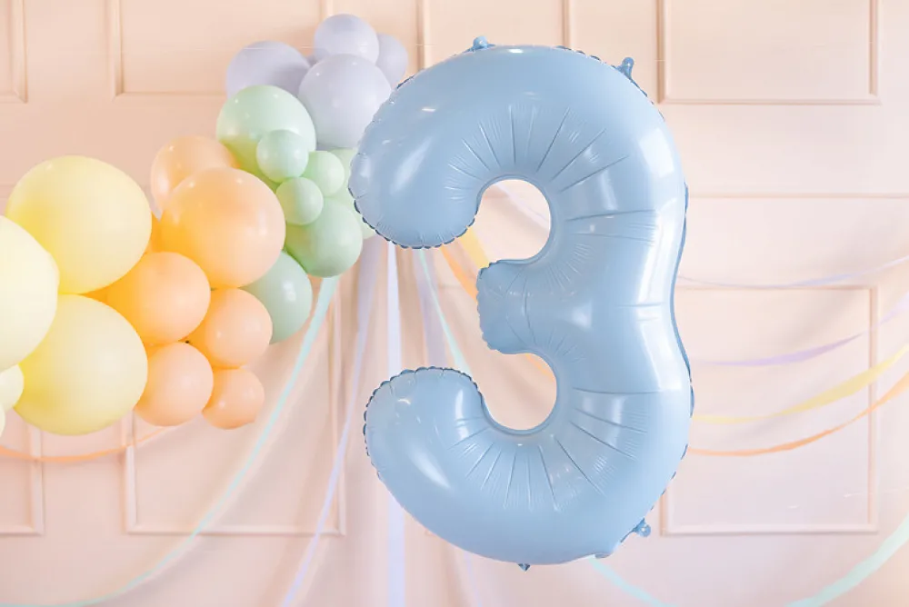 PartyDeco Balon foliowy Cyfra 3 - jasnoniebieski, 72 cm