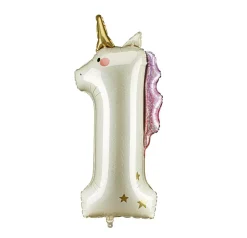 PartyDeco Balon foliowy Cyfra 1 Jednorożec - kremowy holo 93 cm > Balony Foliowe