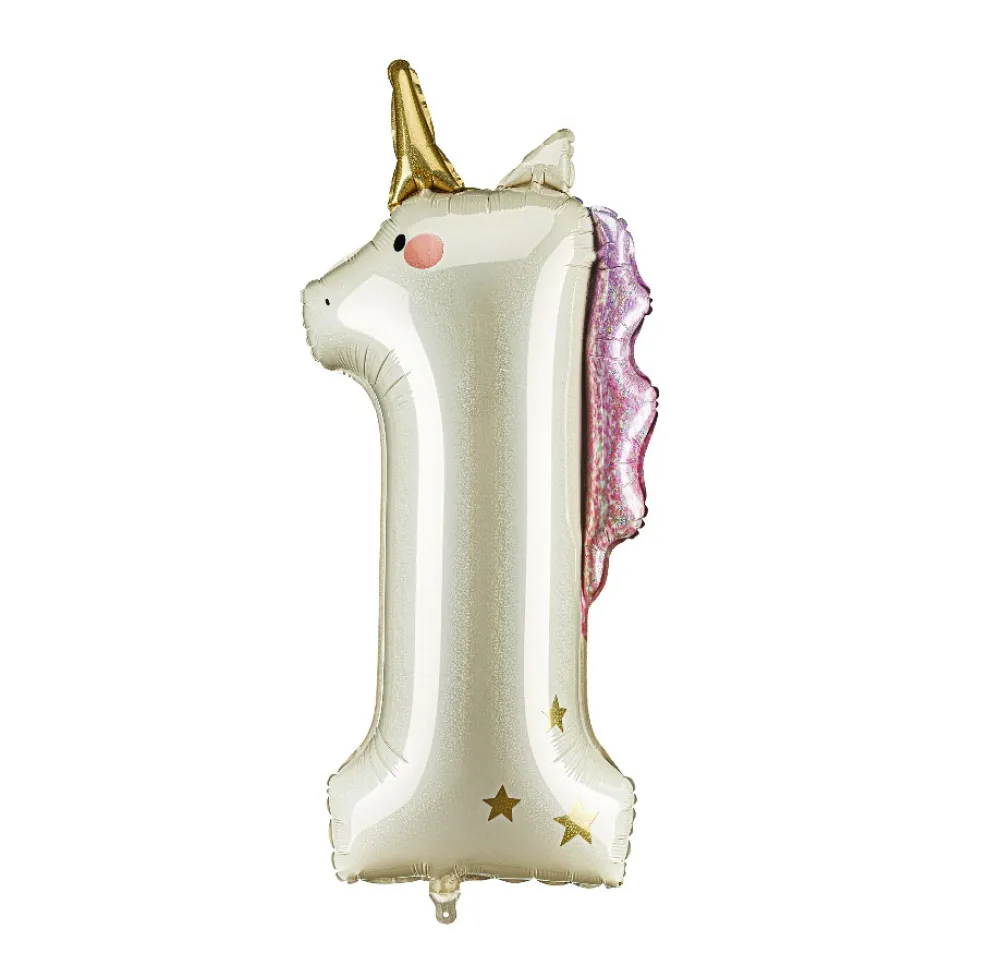 PartyDeco Balon foliowy Cyfra 1 Jednorożec - kremowy holo 93 cm > Balony Foliowe