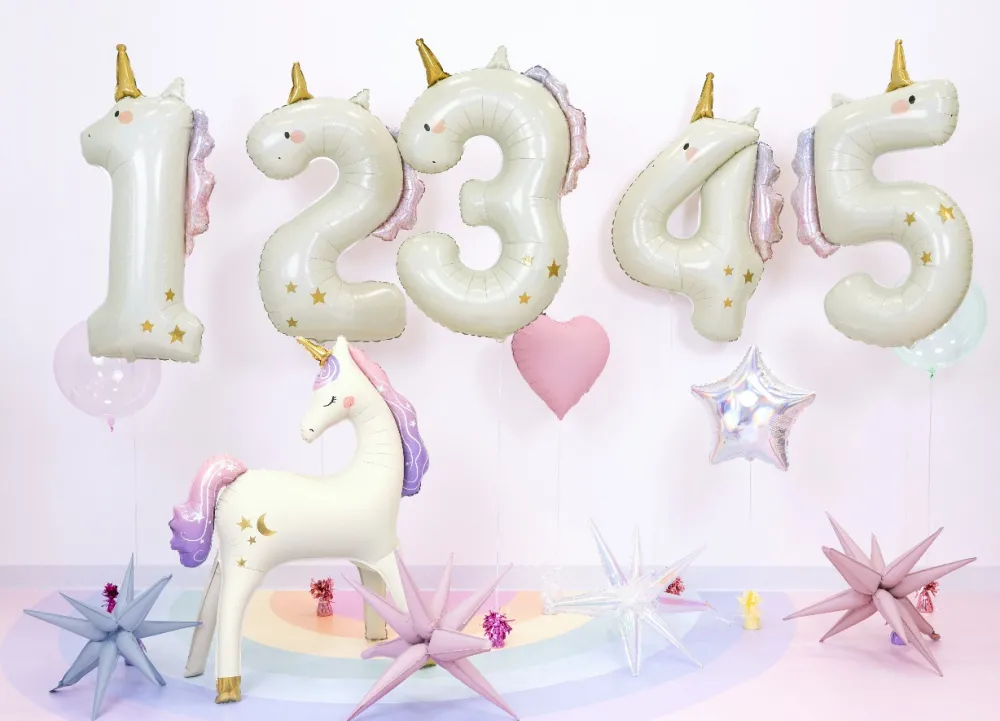PartyDeco Balon foliowy Cyfra 3 Jednorożec - kremowy holo 93 cm > Balony Foliowe