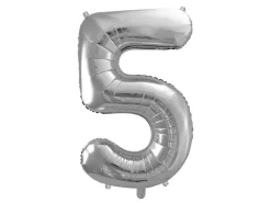 PartyDeco Balon foliowy cyfra 5 - srebrny, 86 cm > Balony Foliowe