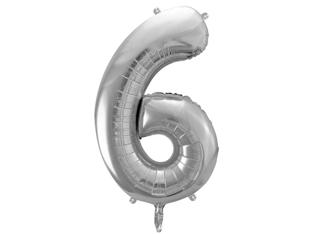 PartyDeco Balon foliowy cyfra 6 - srebrny, 86 cm > Balony Foliowe