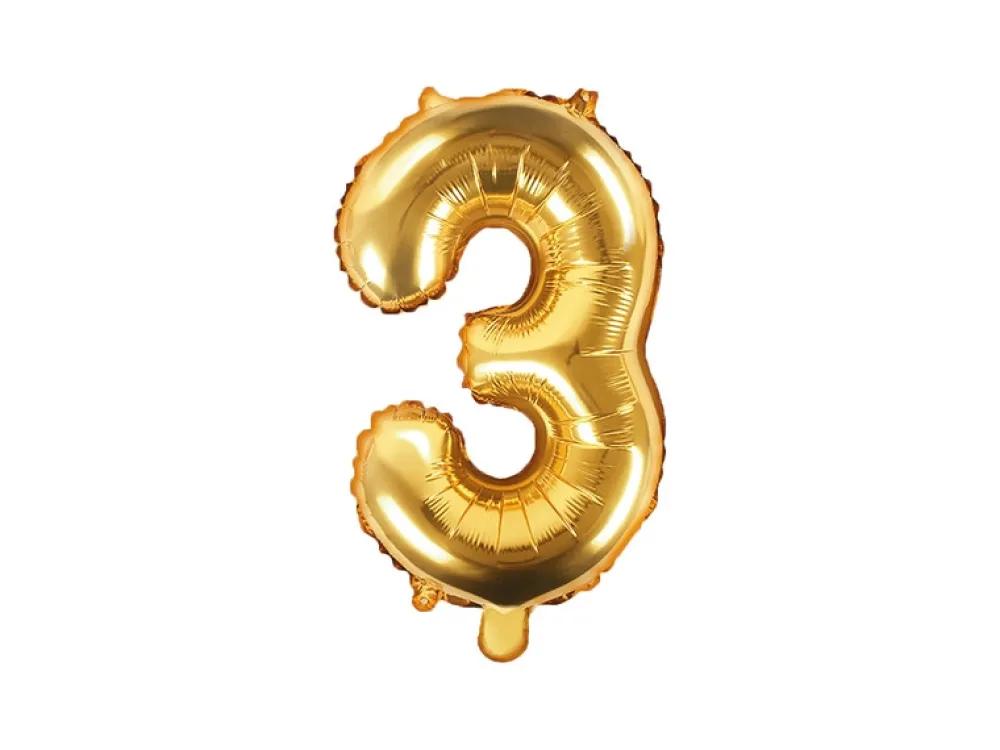 PartyDeco Balon foliowy cyfra 3 - złoty, 35 cm