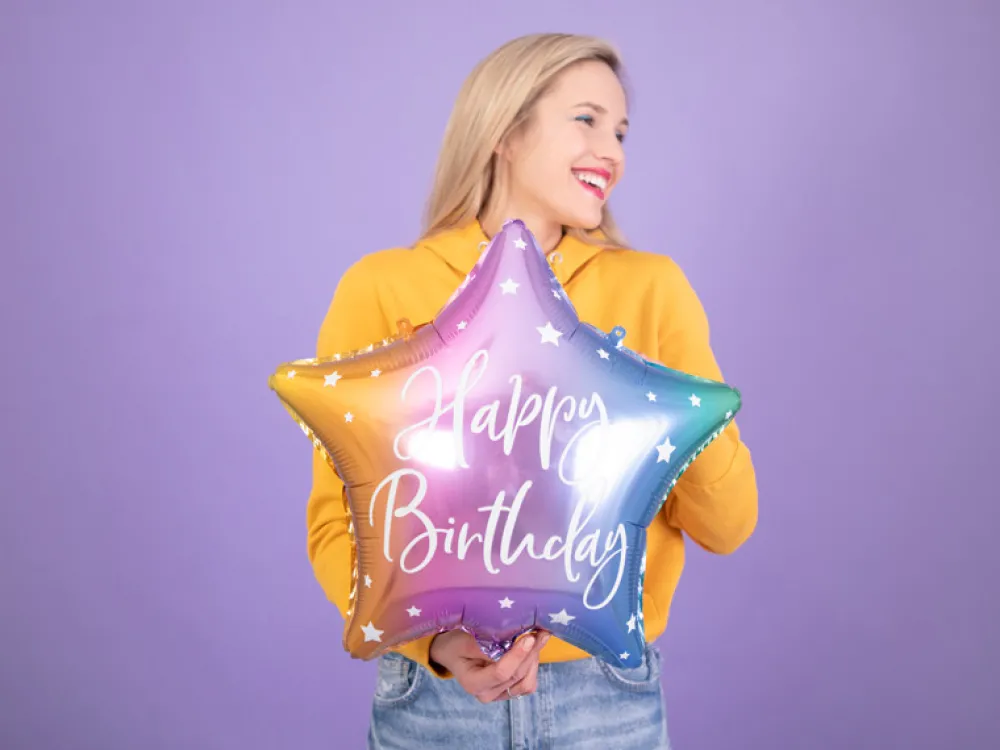 PartyDeco Balon foliowy Happy Birthday - gwiazdka, kolorowy, 40 cm > Balony Foliowe