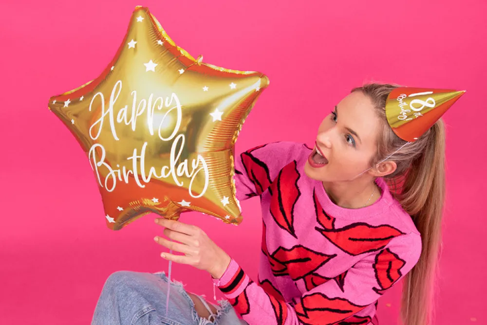 PartyDeco Balon foliowy Happy Birthday - gwiazdka, złoty, 40 cm