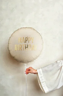 PartyDeco Balon foliowy Happy Birthday - beżowy 35 cm