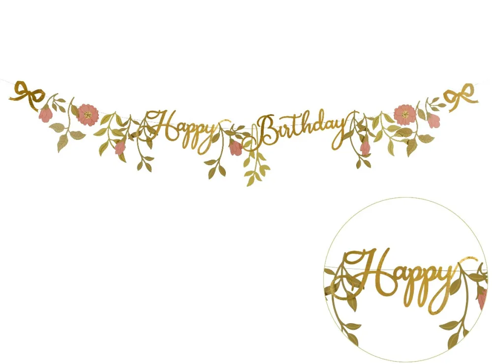 PartyDeco Baner Happy Birthday Kwiaty - złoty, 18,3 cm x 1,3 m