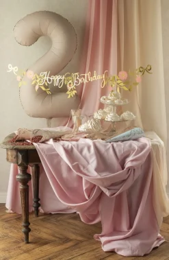 PartyDeco Baner Happy Birthday Kwiaty - złoty, 18,3 cm x 1,3 m