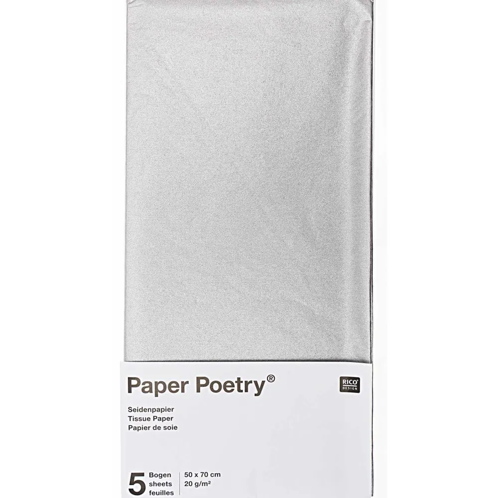 Rico Design Bibuła gładka do pakowania prezentów - Paper Poetry - srebrna, 5 szt.