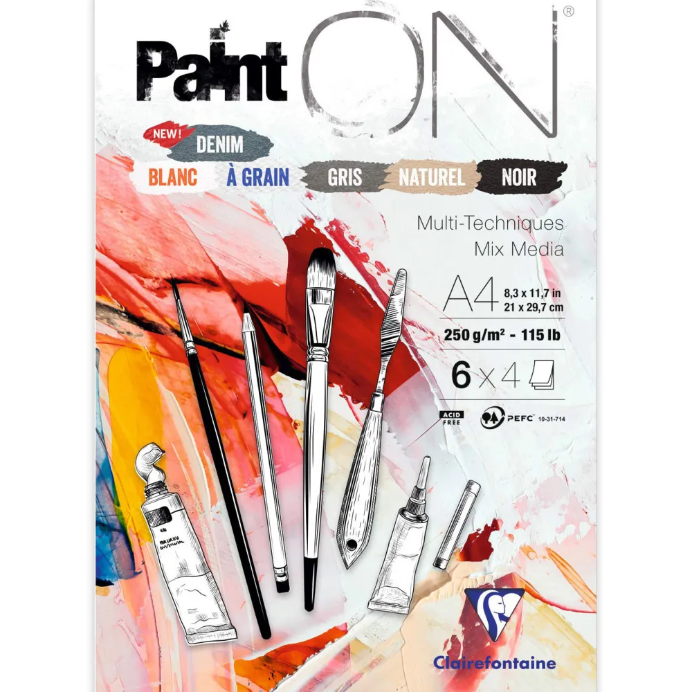 Clairefontaine Blok uniwersalny Paint'On Mixed Media - - 6 kolorów, A4, 250g, 24 ark. > Papier Do Akwareli|Bloki Uniwersalne