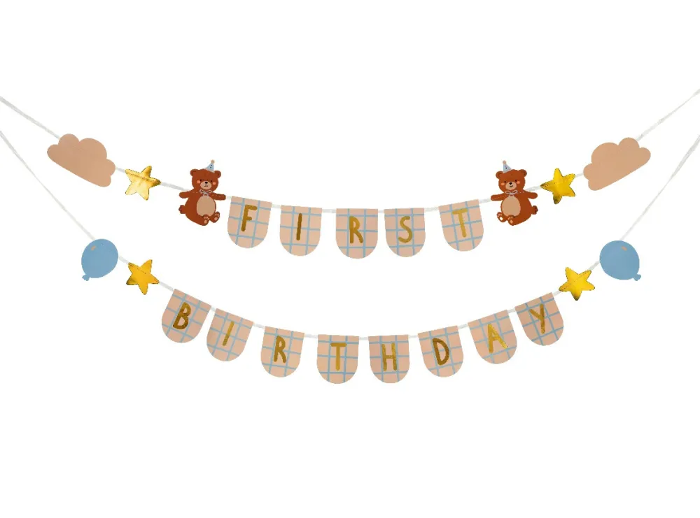 PartyDeco Girlanda First Birthday z misiami - 13 x 255 cm