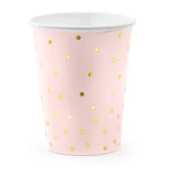 PartyDeco Kubeczki papierowe w złote kropki - jasnoróżowe, 260 ml, 6 szt. > Kubeczki Papierowe