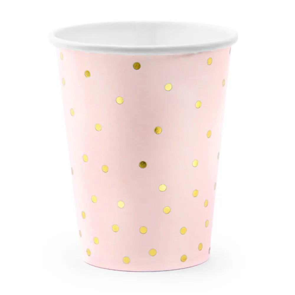 PartyDeco Kubeczki papierowe w złote kropki - jasnoróżowe, 260 ml, 6 szt. > Kubeczki Papierowe