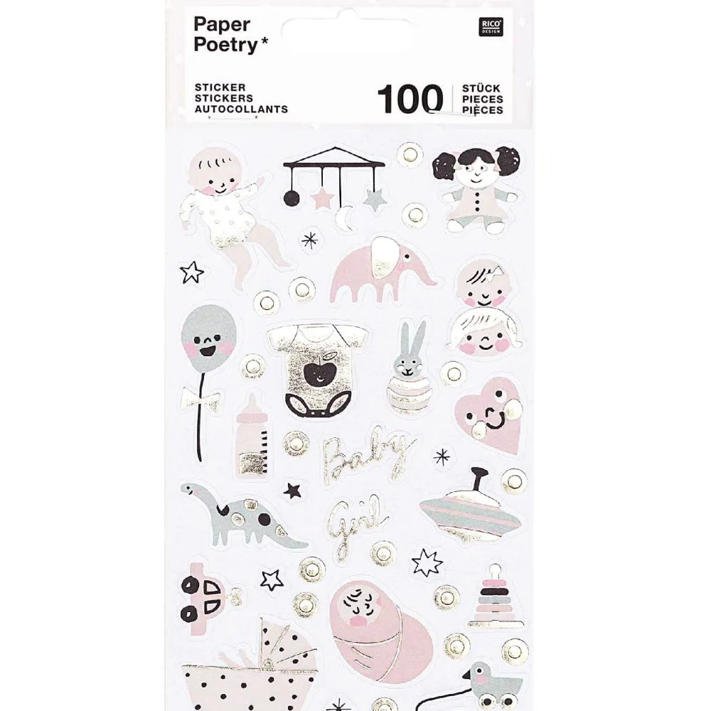 Rico Design Naklejki Baby Girl - Paper Poetry - różowe, 100 szt.