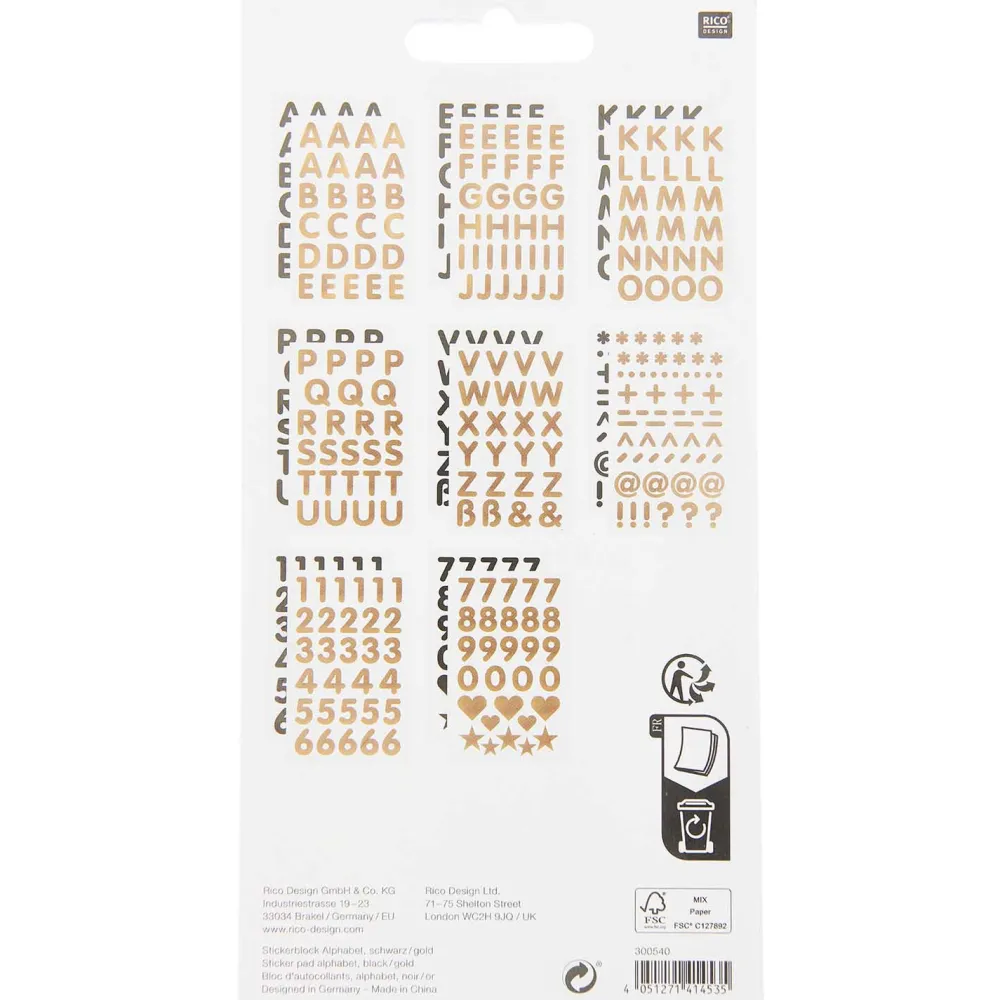 Rico Design Naklejki papierowe, Alfabet - Paper Poetry - Black & Gold, 16 arkuszy