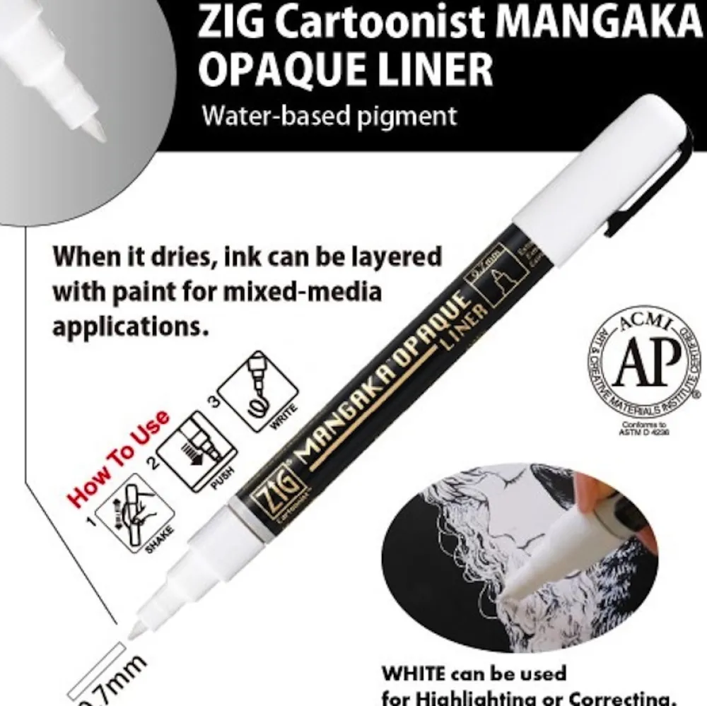Kuretake Pisak ZIG Cartoonist Mangaka Opaque Liner - - biały, 0,7 mm