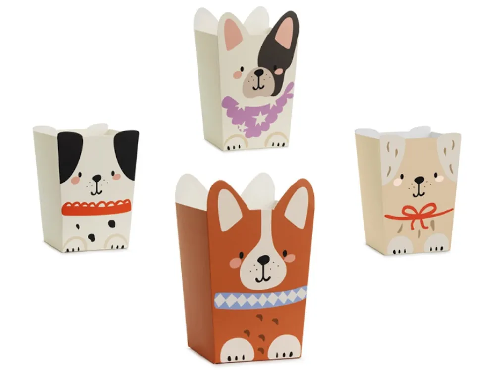 PartyDeco Pudełka na popcorn Pieski - 8,7 x 8,7 x 12 cm, 6 szt.