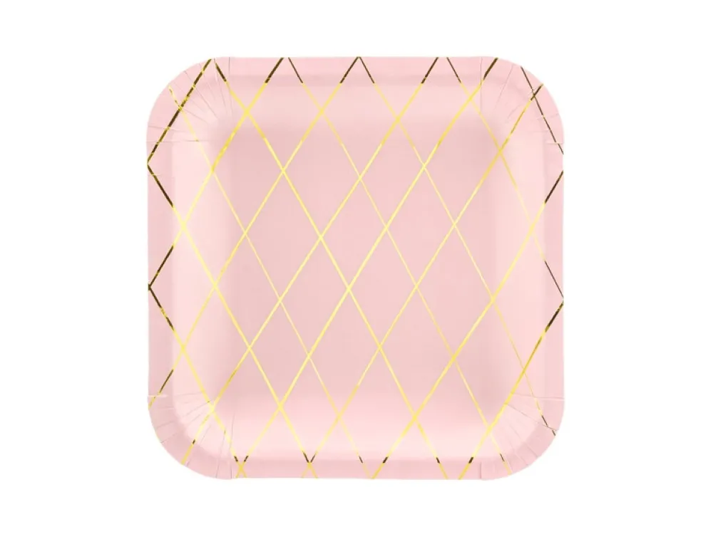 PartyDeco Talerzyki papierowe Kratka - jasnoróżowe, 20 x 20 cm, 6 szt.