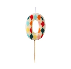 PartyDeco Świeczka urodzinowa cyferka 0 - kolorowe romby, 5,5 cm