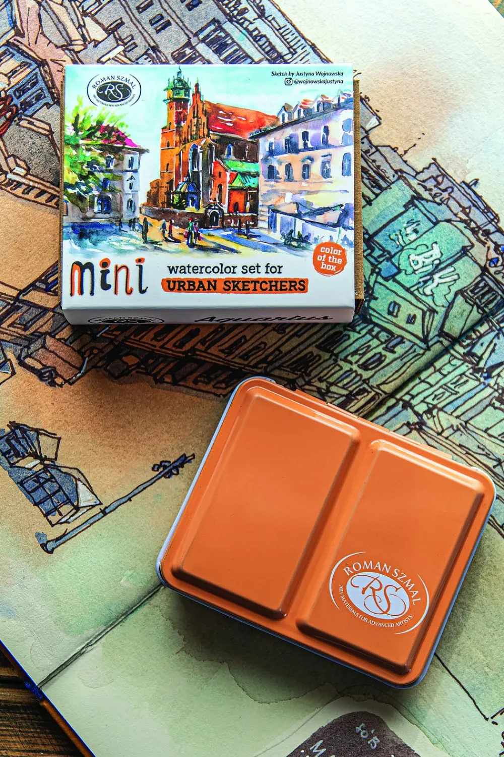 Roman Szmal Zestaw akwareli Aquarius w półkostkach Mini Urban Sketchers - - Apricot, 8 kolorów