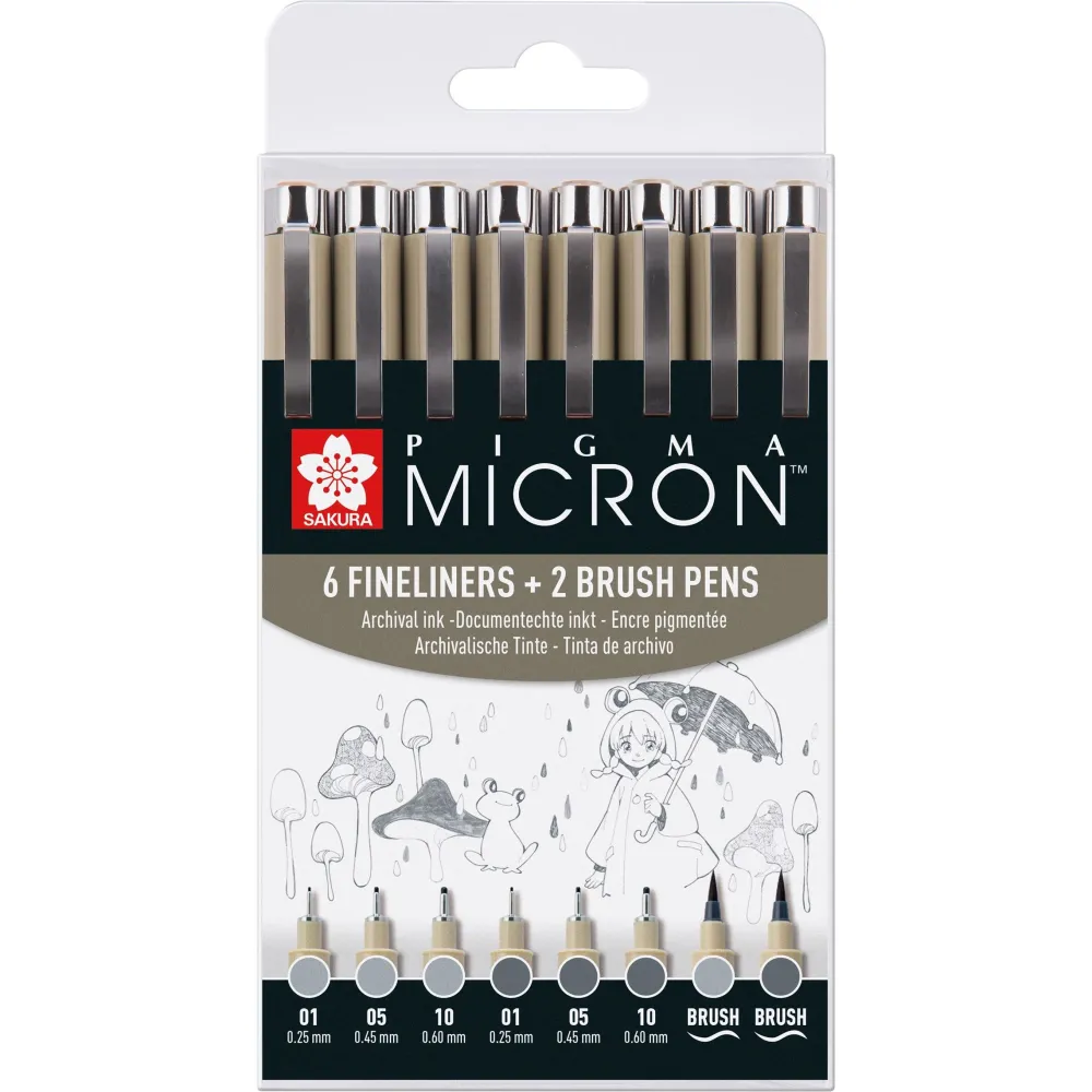 Sakura Zestaw cienkopisów Pigma Micron - - szare, 8 szt.