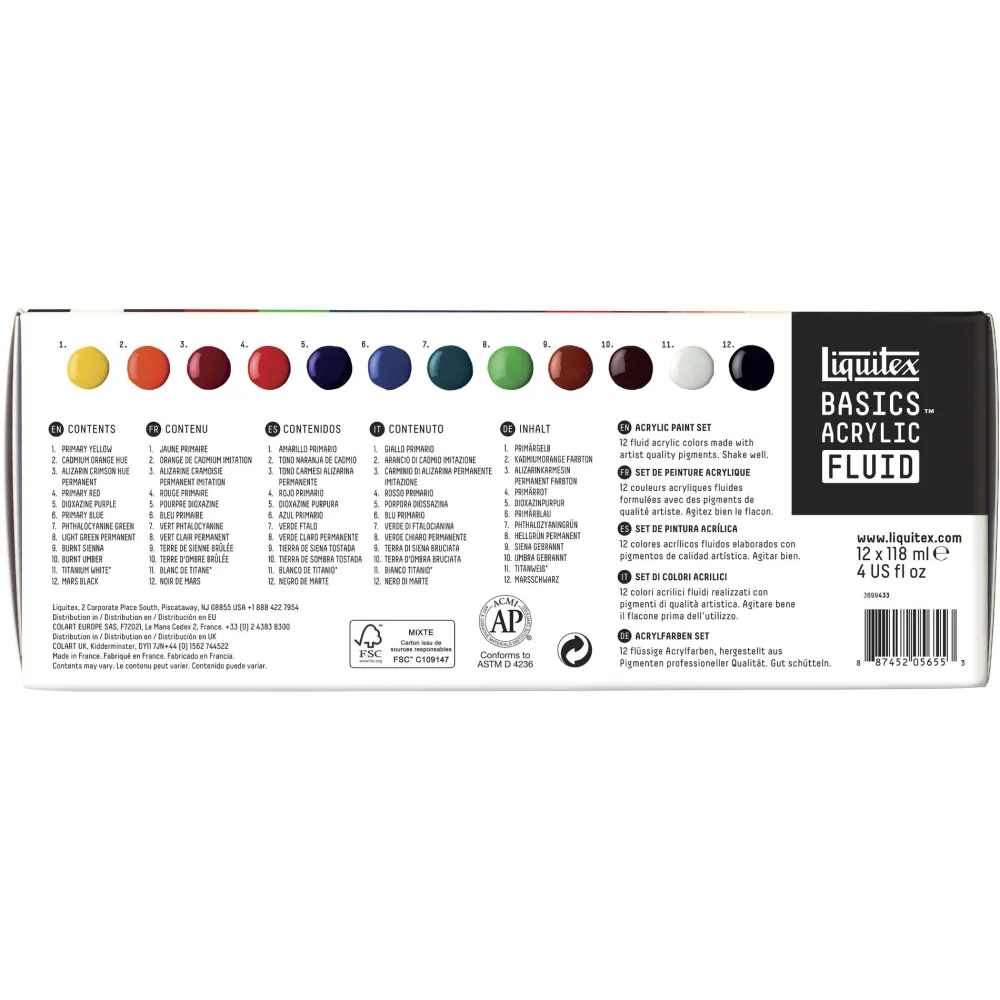 Liquitex Zestaw farb Basics Acrylic Fluid - - 12 kolorów x 118 ml > Farby Akrylowe