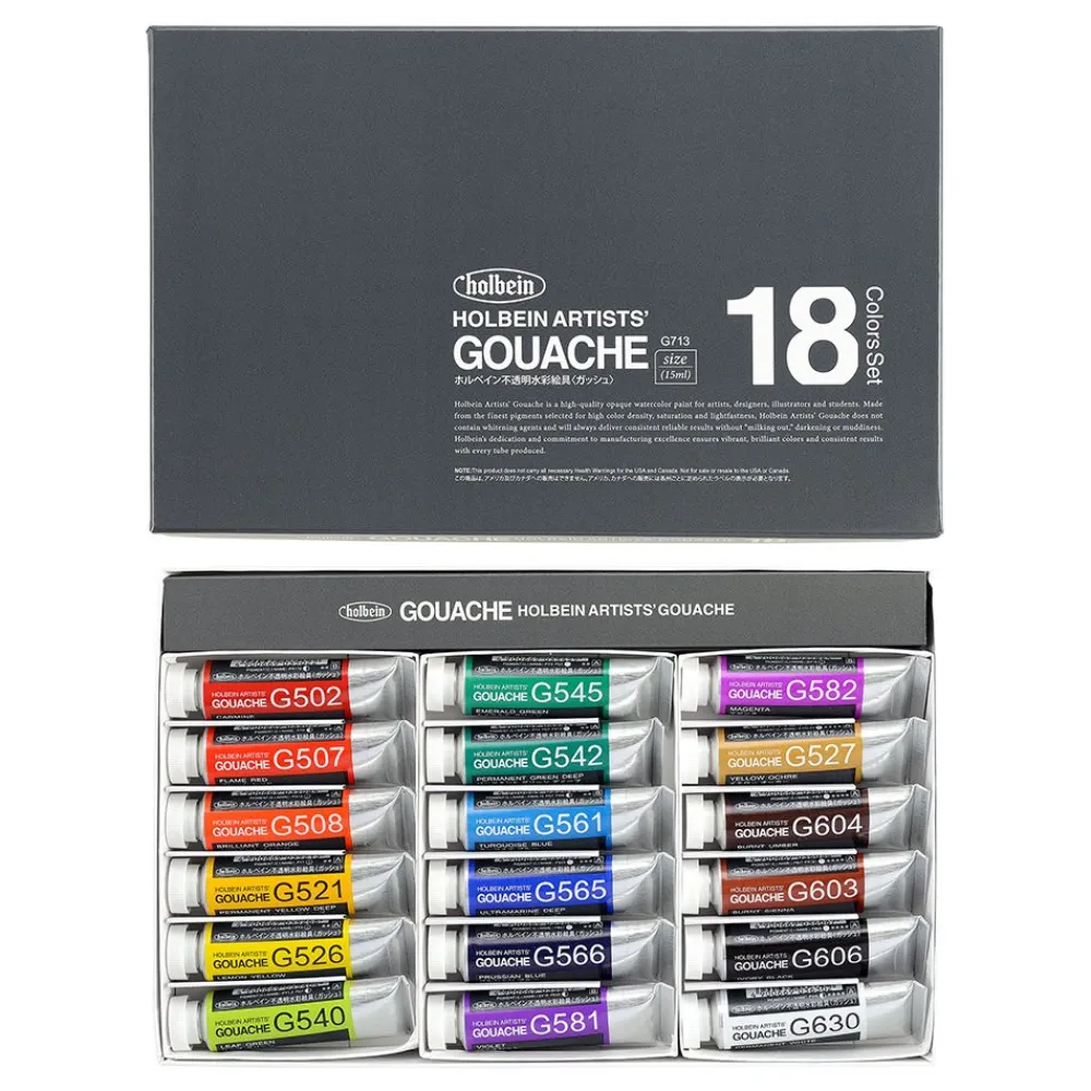 Holbein Zestaw gwaszy Artists’ Gouache - - 18 kolorów x 15 ml > Farby Gwasze I Tempery