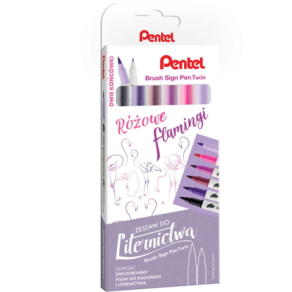 Pentel Zestaw pisaków Brush Sign Pen Twin - - Różowe Flamingi, 6 szt.