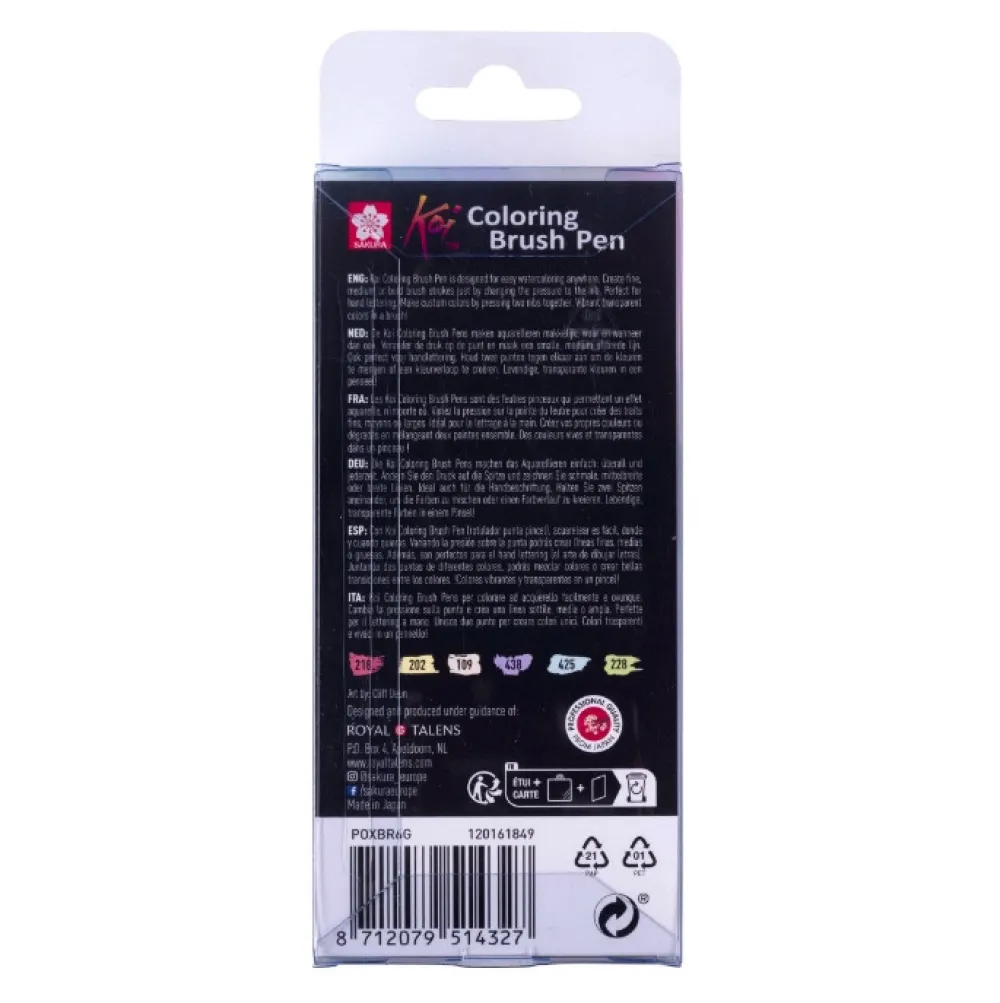 Sakura Zestaw pisaków pędzelkowych Koi Coloring Brush Pen Pastel - - 6 kolorów