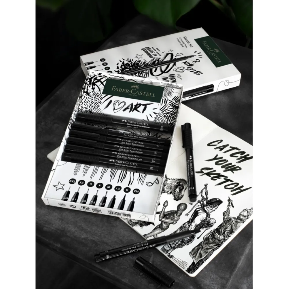 Faber-Castell Zestaw pisaków Pitt Artist Pen ze szkicownikiem - - 9 szt. > Zestawy Do Rysunku|Markery, Brushpeny I Pisaki