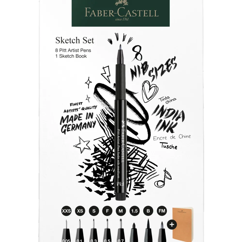 Faber-Castell Zestaw pisaków Pitt Artist Pen ze szkicownikiem - - 9 szt. > Zestawy Do Rysunku|Markery, Brushpeny I Pisaki