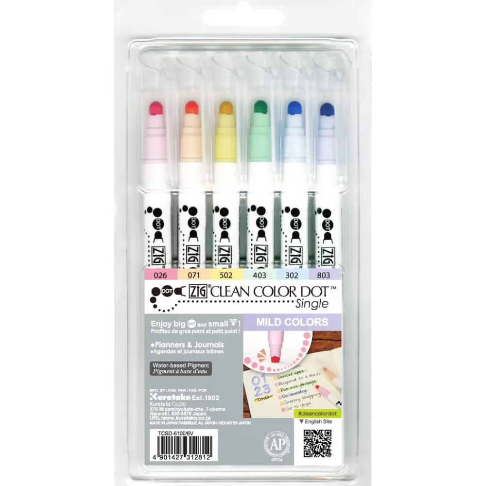 Kuretake Zestaw pisaków Zig Clean Color Dot Single - - 6 kolorów > Markery, Brushpeny I Pisaki