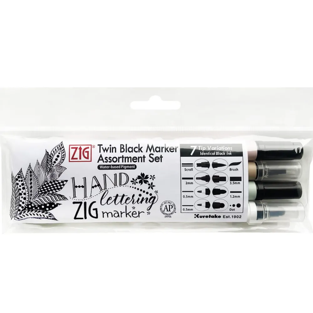 Kuretake Zestaw pisaków Zig Twin Black Marker - - 4 szt. > Markery, Brushpeny I Pisaki|Pisaki Kaligraficzne
